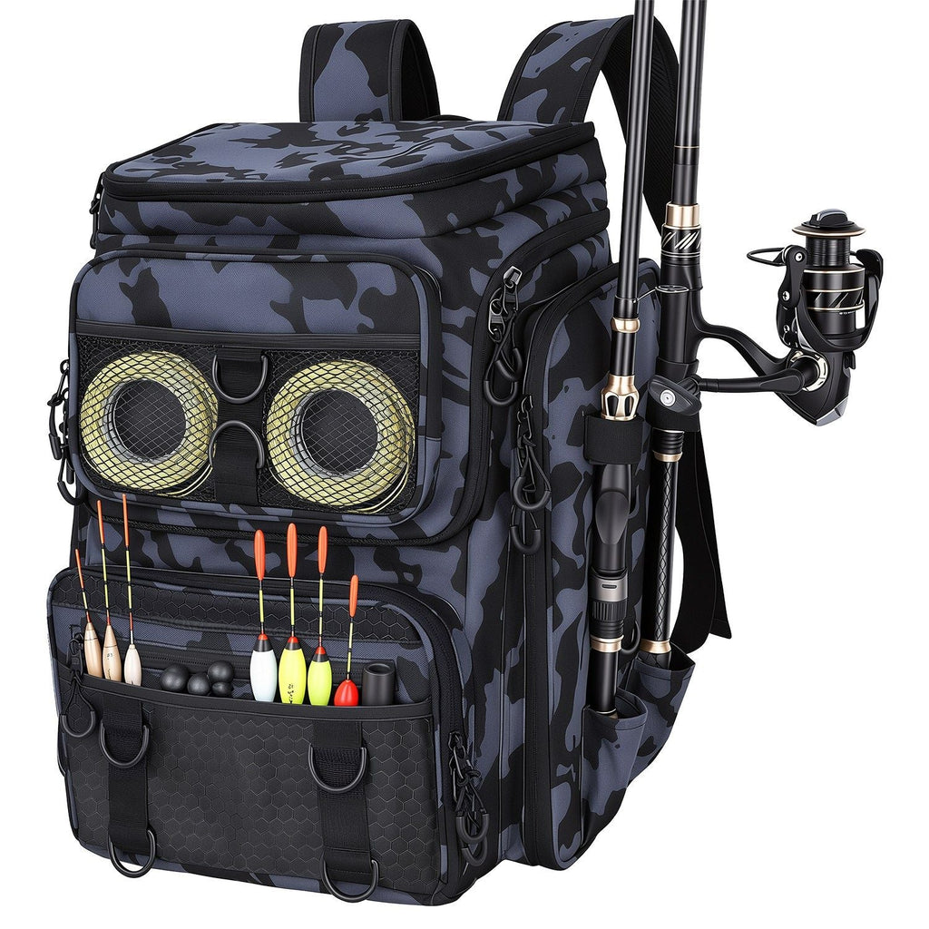 42L/11Gal Fishing Backpack Large Capacity Fishing Tackle Storage Bag with Rod Holders 16-Pocket Water-Resistant with Divider Adjustable Padded Straps for Fishing Gear Outdoor Camping Hiking